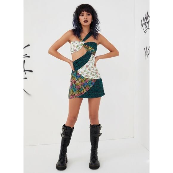 For Love & Lemons NWT Darlene Green Floral Colorblock Cut-Out Mini Dress Large - Picture 2 of 14